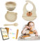 Vajilla de Silicona para Bebé con Ventosa - Set Aprendizaje Comida BLW, No Huele - Cuenco y Plato Ventosa Infantil, Babero y Cuchara Iniciación (Beige)