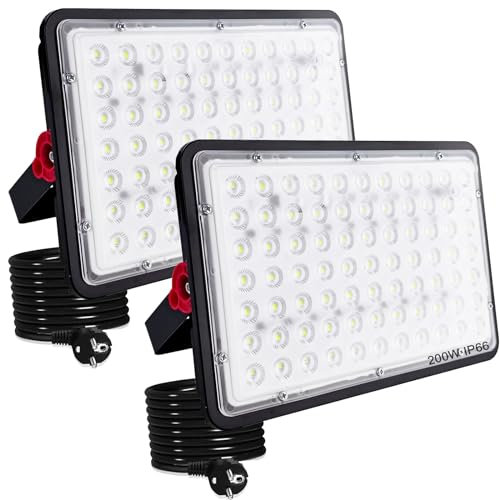 Indmird LED Strahler Außen 200W, 2 Stück 20000LM LED Aussenstrahler 6500K Kaltweiß LeD Scheinwerfer IP66 Wasserdicht Baustrahler led Flutlicht für Garten Garage Sportplatz Hof Flur