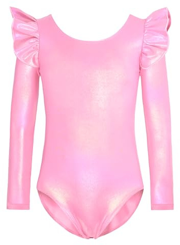 Nymphperi Girls Gymnastics Leotards 4t 5t Holographic Pink Quick Dry Gym Ruffle Long Sleeve Outfits
