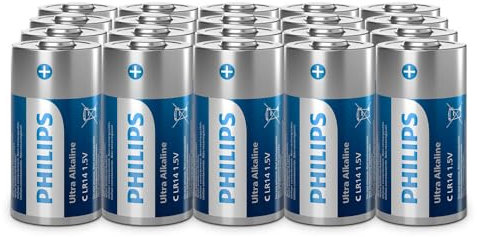 Philips Ultra C, baterías alcalinas LR14, potentes para Luces de Flash y Juguetes, Paquete de 20