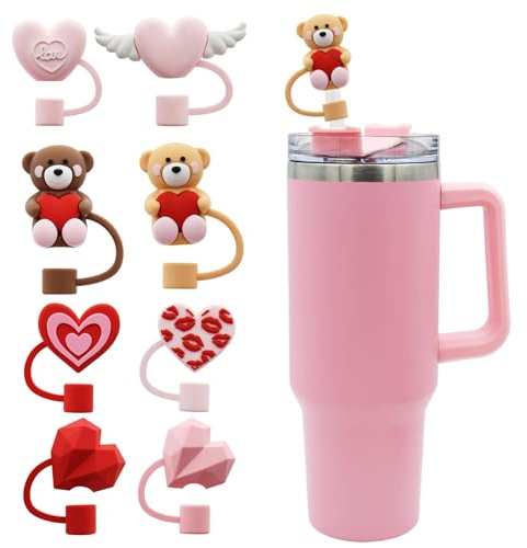 TELAIN 8 stycken koppar tillbehör sugrör skydd med kärlek hjärtdesign, läckagesäker för Stanley 30 och 40 Oz tumbler, BPA-fri och livsmedelssilikon
