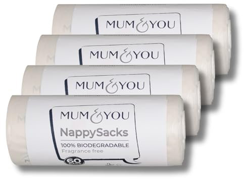 M&Y Mum & You 100% Biodegradable Nappy Bags, 4 packs (60x4=240 sacks) Eco-Friendly Disposable Nappy Sacks, Made from Cornstarch, Fragrance-Free, Extra Strong & Leak-Proof nappy bags for disposal