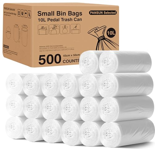 PANSUN Selected 500 Pack Small Bin Bags, 10L White Unscented Pedal Bin Liners, Bulk Supply for Office, Hotel, Restaurant, School