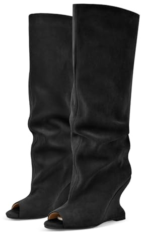 Rhineshell Women's Slouchy High Heels Pull On Wedge Knee High Boots Peep Round Toe Heeled Sandal Boot Faux Suede Solid Color Party Prom Shoes Black Size 10