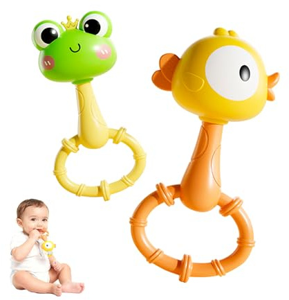 PUPYGOYGE Baby Rattles Teether 2 Pack, Silicone Maracas Infant Toys for Babies 0-3-6-12 Months, BPA-Free Sensory Teething Toys, Frog & Chick Newborn Gift Boy Girl