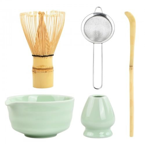 Matcha Set Te Matcha Kit Juego Completo de Ceremonia Matcha Japonés con Batidor Bambu Matcha Porta Batidor Cuenco de Matcha de Cerámica Cuchara de Té para Preparar Matcha Tradicional (Verde claro)