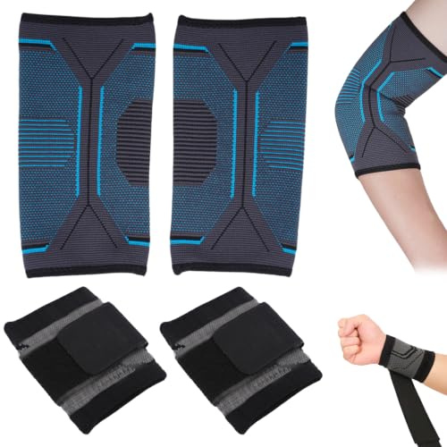 Cuenxuenf 2 Pièces Coudiere (Bleues) Et 2 Pièces Protection Poignet (Noires),Protege Coude Et Wrist Wraps, Convient En Cas D'arthrite, De Tendinite Et Pour La Protection Lors De La Pratique Sportive