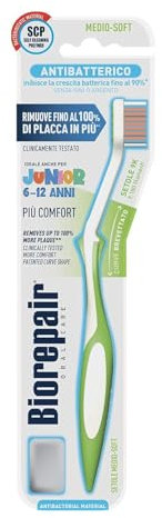 Biorepair, Junior Zahnbürste, Kinderzahnbürste 6-12 Jahre, klinisch getestet, mit mittelweichen Borsten, patentierte gebogene Form, antibakteriell, entfernt bis zu 100% mehr Plaque