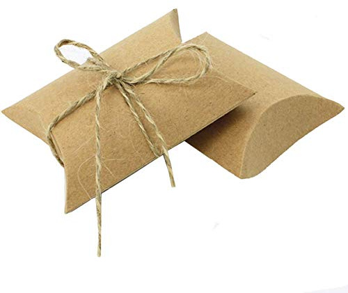 Teensery 50 cajas de regalo con forma de almohada, de papel kraft, para caramelos, recuerdos de fiesta con cuerda para bodas, cumpleaños, Navidad y fiestas (color papel kraft)