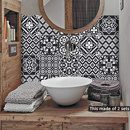 Floor Wall Tile Transfers Sticker for Home Decor, Peel & Stick self-Adhesive splashback, Tile Decals for Living Room Kitchen Bathroom Decor, 10 Piecesx15x15cm, Black and White