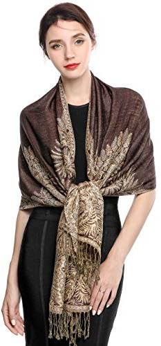 EASE LEAP Sciarpa Pashmina per donna scialle avvolgente caldo di lusso con sensazione di seta Hijab Paisley in colori con frange 200 * 70cm/(Marrone scuro)