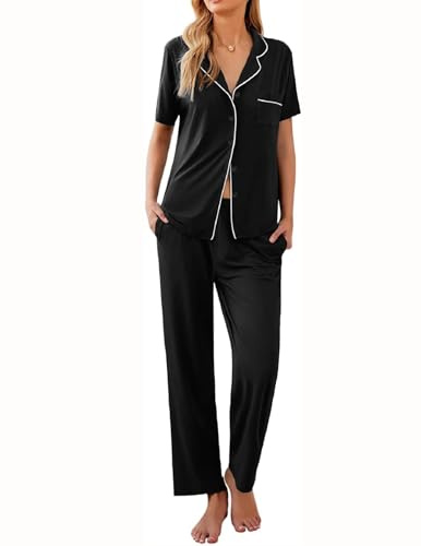 Ekouaer Women Pajamas Set Button Down Sleepwear Short Sleeve Nightwear with Long Pants Soft Pjs Set S-XXL Black L