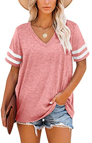 Aokosor T Shirts for Women UK V Neck Ladies Striped Sleeve Summer Tops Casual Loose Tee
