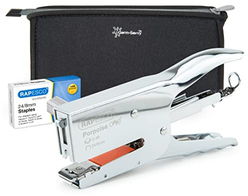 Rapesco 1626 Porpoise ONE Bypass-Heftzange mit Germ-Savvy Aufbewahrungstasche und 1000 x 24/8mm Heftklammern, braucht 24/8mm Heftklammern, Einheitsgröße für 2-45 Blatt Heftleistung, Chrom