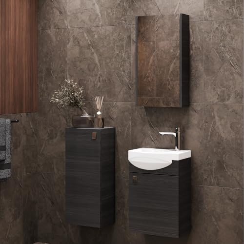 Planetmöbel Badmöbel Set Waschtisch mit Unterschrank 40 x 60 x 29 cm mit Spiegelschrank 40 cm & Midischrank für Badezimmer, Gäste WC & Bad, Anthrazit