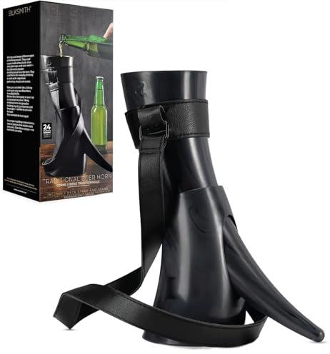 BLKSMITH Viking Drinking Horn Mug with Strap and Stand, Dishwasher-Safe and BPA-Free Plastic Viking Drinking Cup & Unique Gift for Brother Adult, 24 oz Horn Mug, Cool Gifts for Father (Black)