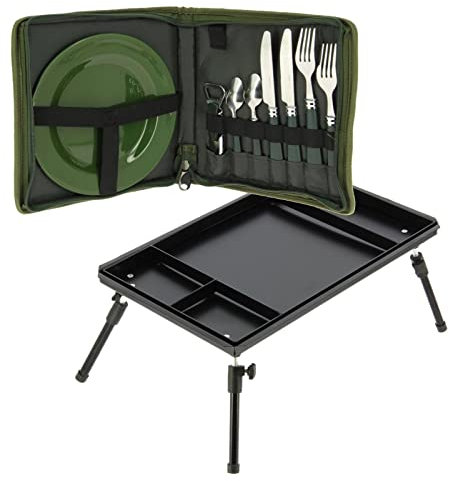 Fishing Bivvy Table Metal Folding Extendable Legs with Cutlery Set Camping Outdoor Hiking Picnic Carp Tackle