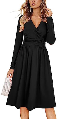 OUGES Kleid Damen Schwarz V-Ausschnitt Langarm Elegante Kleider Damen Herbst Knielang Winterkleid Midi Mit Taschen, XXL