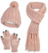 DiaryLook Mütze Schal Winter Handschuhe sets für Damen Strick set Fleece Loop Damen Schals Winterschal Knitted Pom Pom Cap,Pink