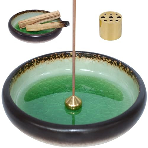 BEYLAB Japanese Ice cracks incense holder ceramics, 3 in 1 Incense burner for Palo Santo, Sage, Sticks Coil Cones, smudge bowl, Removable brass ash catcher for Meditation Yoga Room - Green