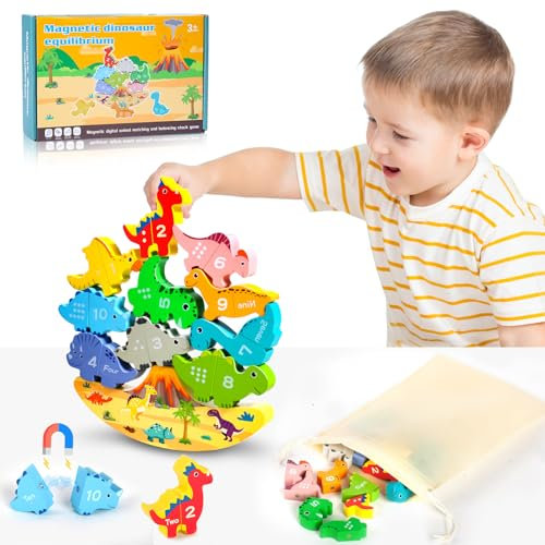 GUYUWE Stapelspiel ab 3 4 5 Jahre Dinosaurier Stapelspielzeug Montessori Spielzeug aus Holz Geschenke für Kinder Pädagogisches Magnetische Übereinstimmung (Dinosaurier)