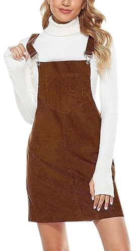 Dasongff Salopette Robe Femme Velours Côtelé, Salopette Jupe Grande Taille, avec Poches, Bretelles Ajustable, Couleur Unie, Salopettes Jupe à Bretelles A-Ligne Rétro pour Dame Fille Automne