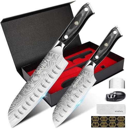 MOSFiATA 2 couteaux de cuisine, couteaux Santoku 7 pouces et 5,5 pouces, couteaux de chef professionnels japonais Livrés avec étui et lavette, emballage cadeau