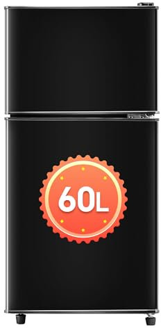 DRIXNO Retro-Kühlschrank, kühlschrank klein mit gefrierfach, Mini Kühlschrank Schwarz, 60 Liter Gesamtvolumen, mit 22 Liter Gefriervolumen, 172 kWh/Jahr, LED-Licht.