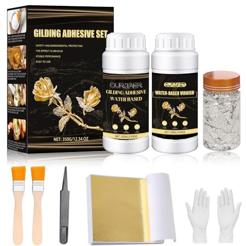 ROFPM Blattgold Vergoldungs Kleber, Gold Leaf Adhesive, 100ml Wasserbasierter Kleber und 100ml Schutzlack, Goldfolie 100 Pcs, 2 Pinsel, Anlegemilch für Blattgold für Basteln, Malen, Heimdekoration