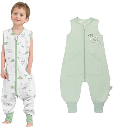 LAT Gigoteuse d'été pour Bébé avec Pieds, 0,5 TOG Sac de Couchage pour Bébé, 100% Coton Turbulette d'été Gigoteuse avec Jambes pour Bébé (Dinosaure+Vert, L)