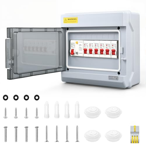 6 Way Consumer Unit Circuit Breaker, IP65 Weatherproof Garage Consumer Unit Anti-Leakage Fuse Box for Garage Workshop Caravan Outbuilding, 6MCB 6A+6A+10A+16A+20A+32A