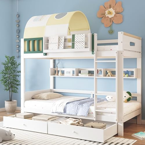 Letto a castello per bambini, 90 x 200 cm, per 2 bambini, letto a soppalco con scala e 2 cassetti e piccola tenda, letto a castello con protezione anti-caduta, bianco e giallo e verde, senza materasso