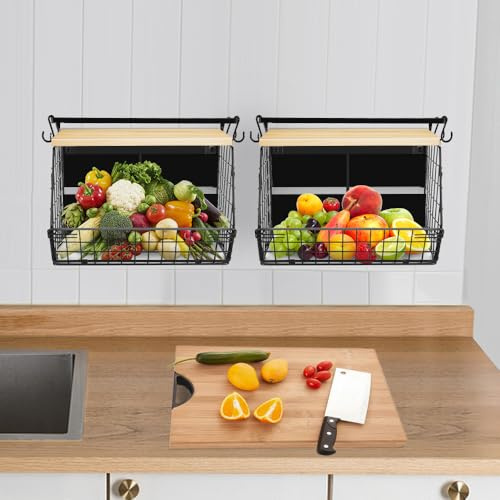 Willonin 2PCS Panier a Fruit Etagere de Murale Cuisine, Organiseurs de Cuisine Basket pour Fruit Basket pour Rangement Fruits et Légumes, 35*17*29.5cm/ noir + bois