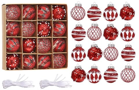 Juego de plástico de Bolas de Navidad, 16 Piezas 6CM Rojo Blanco Decoración de Navidad con Colgante, joyería de árbol de Navidad Colgante para Navidad, Fiesta, Fiesta de Bodas, Interior Exterior