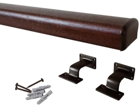 Corrimano per scale in legno sagomato, colore noce scuro, Kit compreso di supporto e terminale bronzato, varie misure (Noce scuro+bronzato 1,5mt)