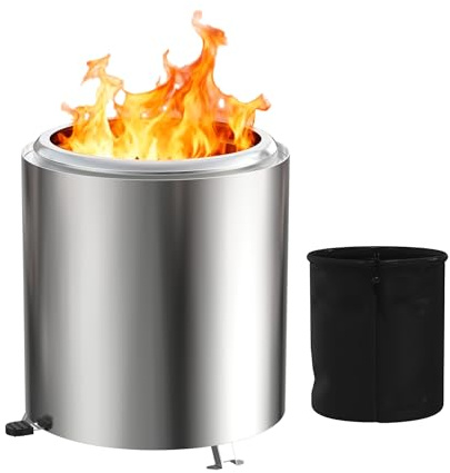 XMTECH Liten eldskål 22 cm Ø × 22 cm H, rökfri eldstad av rostfritt stål, bordskamin för trädgård, balkong och terrass, kompakt och bärbar, perfekt för trä, pelletsar, BBQ, med bärväska