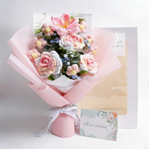 KBIBCK Crochet Flowers Bouquet, Handmade Knitted Rose & Tulips Arrangement with Gift Bag & Card, Crochet Artificial Flower, for Mother's Day, Weddings, Anniversary, Graduation, Home Decor