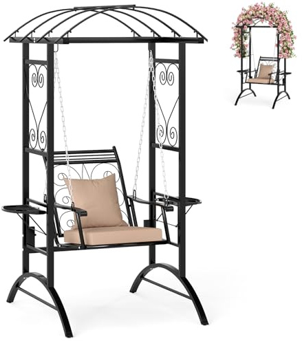 COSTWAY Outdoor Porch Swing with Stand, Garden Canopy Swing Chair with Removable Cushions and Side Tables, Hanging Hammock Chair for Balcony, Backyard and Poolside (Beige+Black, H Frame)