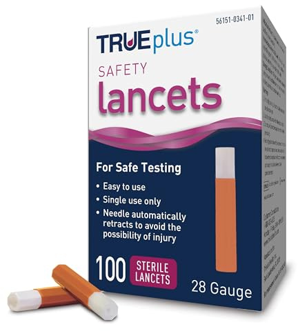 TRUEplus Single-Use Safety Lancets, Sterile Blood Lancets, 28g, 4 cm, 100 Count