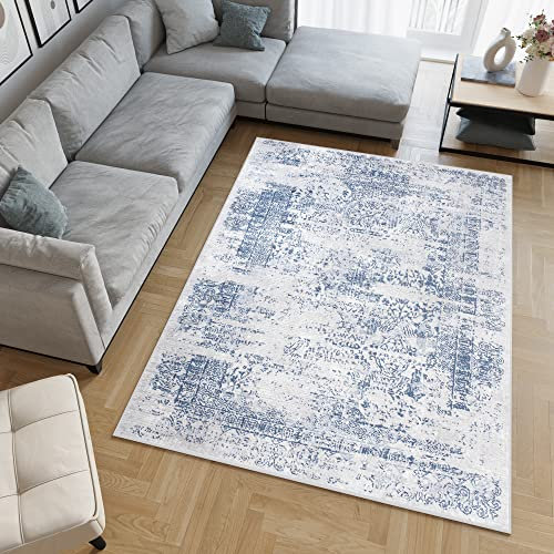 TAPISO Sky Teppich Kurzflor Modern Creme Blau Ornament Meliert Design Vintage Wohnzimmer Schlafzimmer 3D Effekt ÖKOTEX 200 x 300 cm