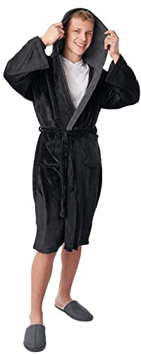 OHS Mens Dressing Gowns, Gifts for Women Men Super Soft Warm Flannel Fleece Hooded Bathrobe with Pockets Fluffy Sherpa Lined Luxury Oversized Dressing Gown Womens, Black One Size