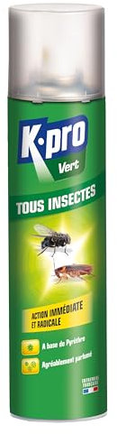 K.PRO VERT Aérosol tous Insectes - Élimine efficacement Insectes Volants et Rampants - Formule au Pyrèthre végétal - Parfum Agréable - Technique Professionnelle - 300 ML - Jusqu'à 3 mois de protection