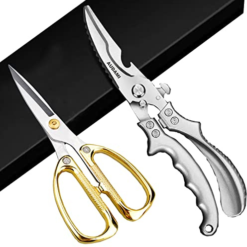 AUDAMI Stainless Steel Heavy Duty Kitchen Scissors - 2 Pack Multipurpose Food Scissors, Poultry & Meat Shears