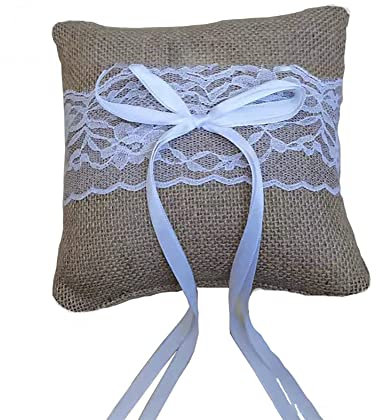 Hochzeit Ring Kissen, Jute Heirat Paar Ring Halter Spitze Blumen Ehering Kissen mit Krawatte Satinband Sackleinen Eheringe Brautkissen Hochzeit Accessoires für die Zeremonie der Strandhochzeitsfeier
