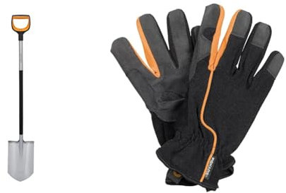 Fiskars Gärtnerspaten für harte, steinige Böden, Spitz, 120 cm, Verstärktes Borstahl-Blatt, Schwarz/Orange, Xact, 1066729 und Garten-Arbeitshandschuhe, Größe: 10, Schwarz/Orange, 1003477