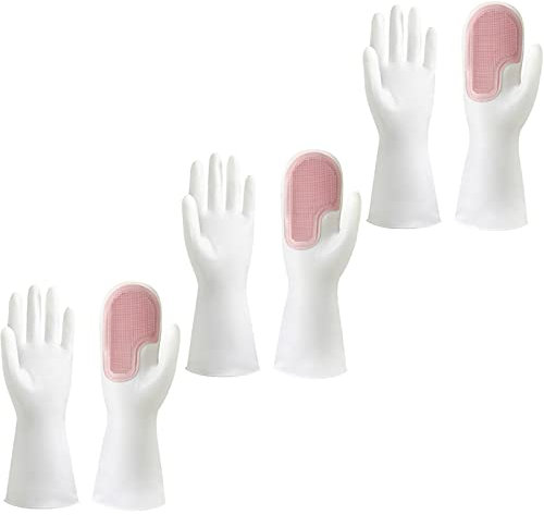 BAMFY 3 Pares Silicona Guantes Limpieza Reutilizable Guantes Fregar, Guantes De Goma for Cocina Baño, Guantes Domésticos (Color : Pink, Size : A)