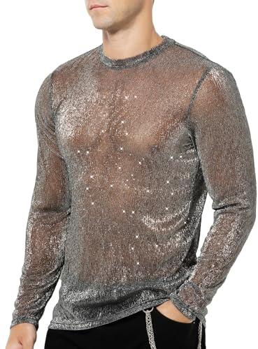 Casey Kevin Camicia Trasparente Uomo Manica Lunga Glitter Maglia a Rete Paillettes Abbigliamento Sexy Discoteca Mesh Shirt Fishnet Trasparenti Maglietta Vedere Attraverso Tops Clubwear Party Night, XL