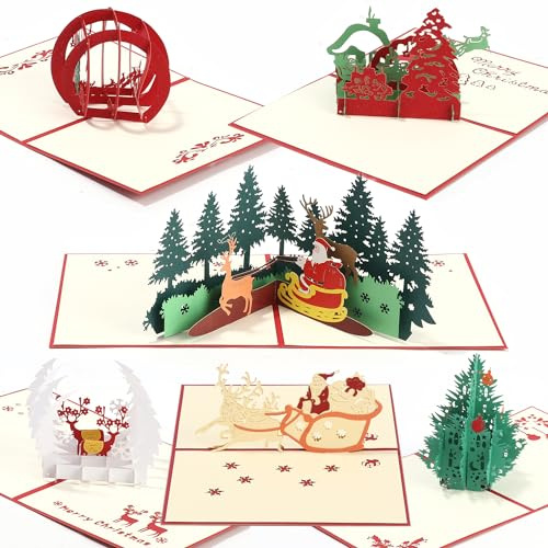 FAOKZE 6PCS Cartes de voeux 3D de Noël, 3D Pop Up Cartes de Noël avec ensemble d'enveloppes, Sapin de Noël Père Noël Chariot de cerf Conception de la forêt, Cadeaux pour le Nouvel an de Noël