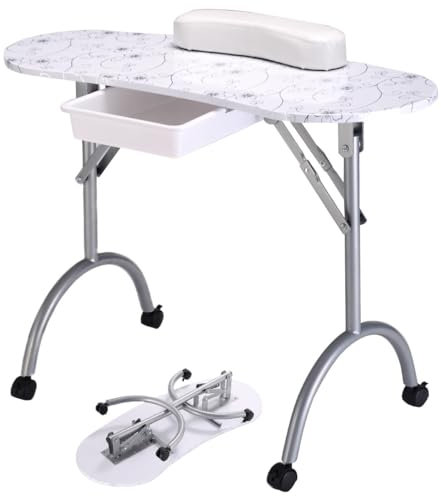 WENNEWU Klappbarer ManiküRe-Nageltisch, Tragbarer Mobiler SchöNheits Schreibtisch, Mit Schublade, Handgelenkkissen Und Tragetasche, Professioneller Salon, Kunsttisch,Weiß