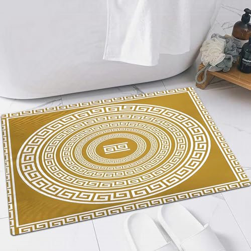 EMFSLA rutschfest Badezimmer Badeteppiche,Weich Hochflor Saugfähig Badvorleger Waschbar Flauschige Mikrofaser Badematte,Set Traditionelle Vintage goldene quadratische und runde griechische V,60x90 cm
